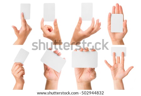 Hands are holding a business card, collection, isolated on white