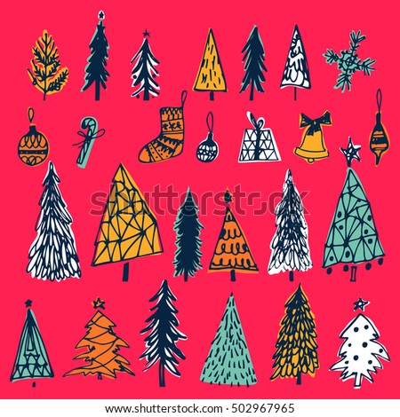 Set of hand drawn christmas tree, bell, gift, candy,balls on red background. Holiday decoration isolated elements. Vector illustration. Use for Greeting Scrapbooking, Congratulations, Invitations.