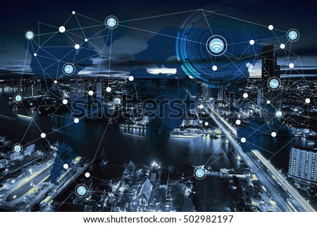 Network and world map on blur city,networking concept, abstract image visual, internet of things, city scape and network connection concept.