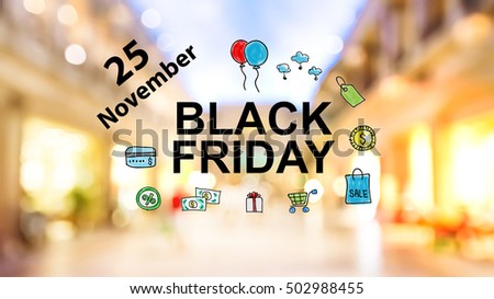 Black Firday November 25 text on blurred illuminated shopping mall background