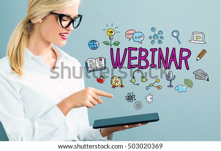 Webinar text with business woman using a tablet
