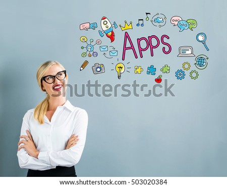 Apps text with business woman on a gray background
