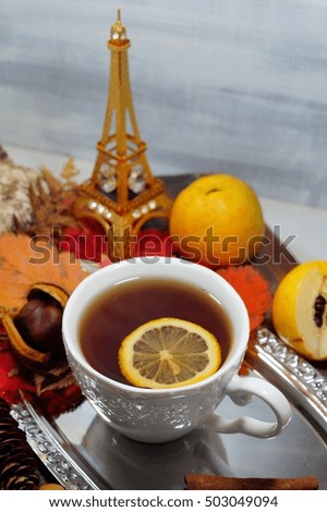 hot tea with lemon in autumn and winter evenings