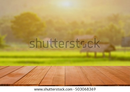empty dark desk table and grass space of green forest and sunset blurred background garden bokeh for a catering or food ,can be used for montage or display your products