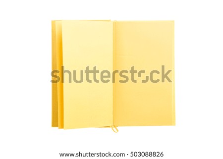 A yellow book empty(blank) hard cover spread with yellow paper inside isolated white.
