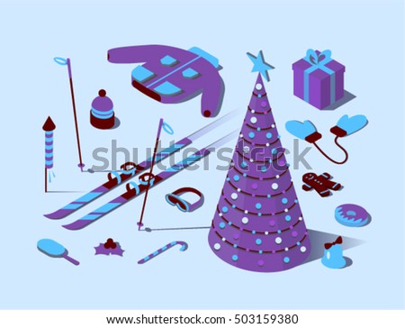 Christmas, vector flat isometric concept illustration, 3d icon set, white background: christmas tree, jacket, bell, cookie, holly, gift, fireworks, skis, glasses, hat, candy, mittens