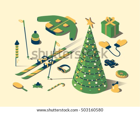 Christmas, vector flat isometric concept illustration, 3d icon set, white background: christmas tree, jacket, bell, cookie, holly, gift, fireworks, skis, glasses, hat, candy, mittens