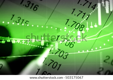 Close-up computer monitor with trading software for Forex trading. Multiple exposure photography. Wealth management concept in green tone to represent growth up trend.