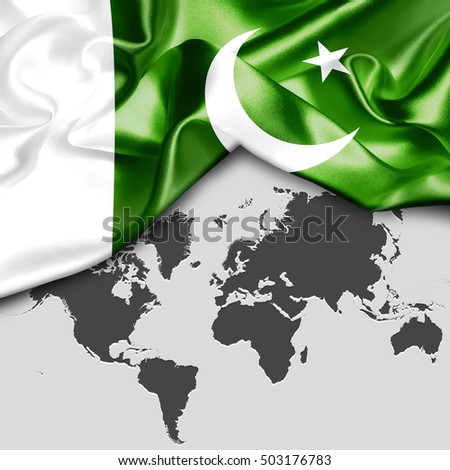 Abstract waving Pakistan flag over world map