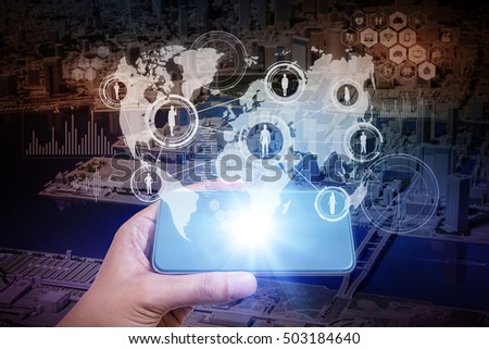 worldwide communication network concept, modern cityscape and smart phone, abstract image visual