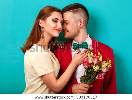 Man giving bouquet girl. Valentine's Day
