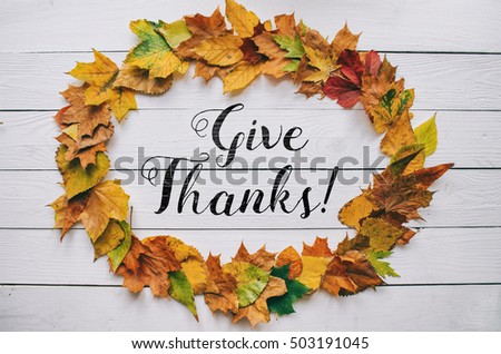 Give thanks black hand lettering calligraphy in yellow red green leafs wreath on white barn wood planks background. Horizontal postcard, greeting card.