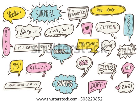 set of cute speech bubble with text in doodle style