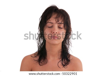 portrait of beautiful girl with closed yeas on white background