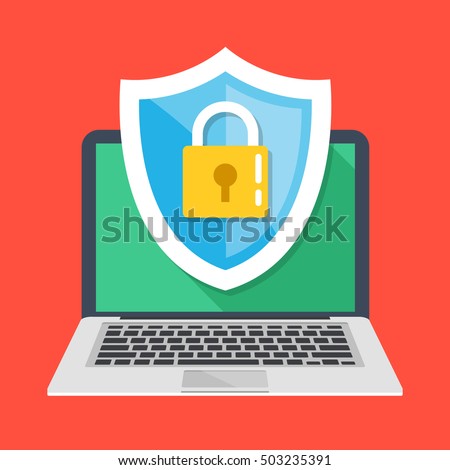 Computer security, protect your laptop concepts. Notebook and shield icon with padlock. Flat design graphic elements for web banners, web sites, printed materials, etc. Modern vector illustration Royalty-Free Stock Photo #503235391