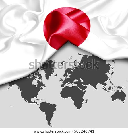 Abstract waving Japan flag over world map
