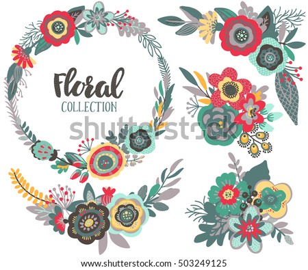 Vector graphic set with beautiful flowers, floral wreath, bouquets. Colorful collection for greeting, Save the Date cards, wedding invitations.