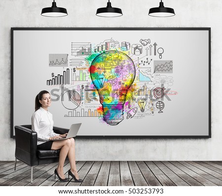 Girl with laptop sitting near whiteboard with giant light bulb sketch surrounded by graphs. Concept of business idea. 3d rendering