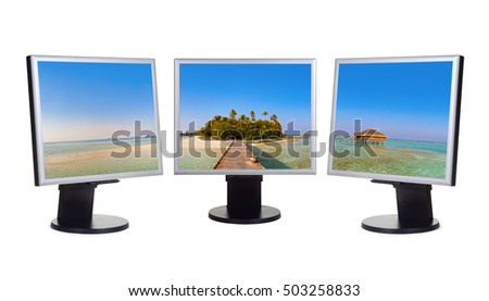 Maldives panorama in computer monitors - isolated on white background