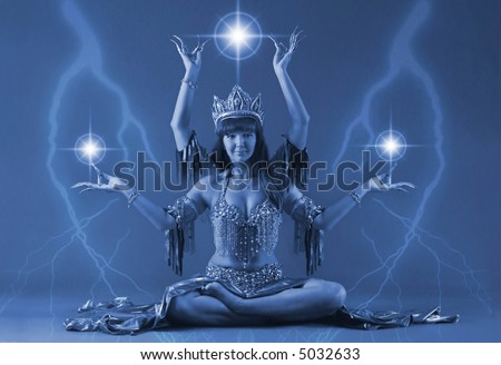 four-handed woman holding lightning in her hands