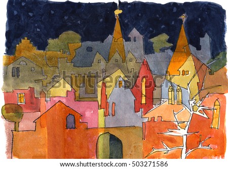 A Watercolor Painting of an Old Town on a Winter Night