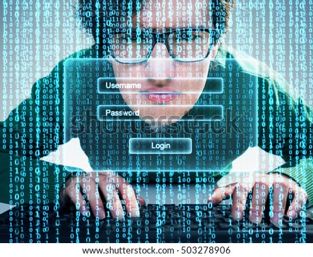 Close up of nerdy guy with keyboard and blue data flow with login window on the foreground. Concept of signing in. Double exposure