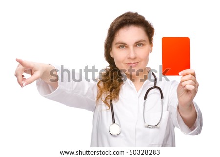 Full isolated studio picture from a doctor with red card