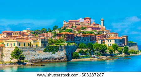 Panoramic view over Portoferraio town of  isola d'Elba, Elba island in Tuscany region, Italy. Royalty-Free Stock Photo #503287267