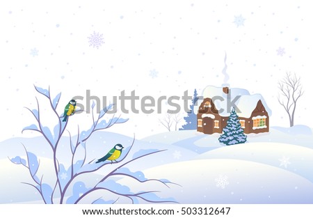 Vector illustration of a snowing winter landscape with a country house and small birds on a bush, isolated on a white background