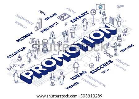 Vector illustration of three dimensional word promotion with people and tags on white background with scheme. Promo technology concept. 3d thin line art style design for web, site, banner
