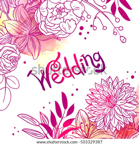 Hand drawn vector illustration with flowers. Floral wedding drawing. Us for skrapbuking, tissue, textile, cloth, fabric, web material