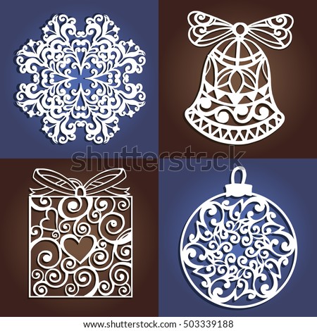 Set of openwork Christmas decorations. Laser cutting template. Christmas gift for wood carving, paper cutting and christmas decorations.