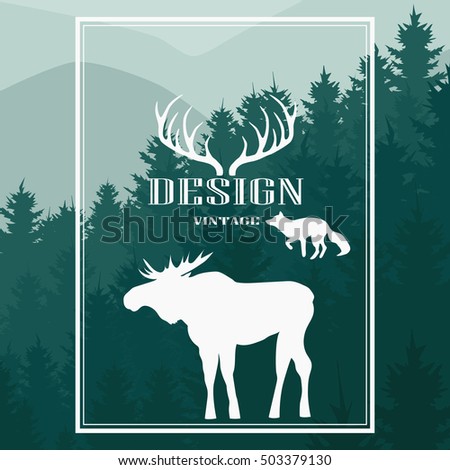 Vector monochrome vintage set of icons, emblems, logos and labels. Deer antlers, fox and moose silhouettes, forest, trees, mountains. Trendy Hipster design elements.