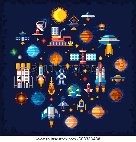 Space icons composition in pixel art style