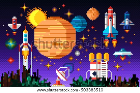 Space icons composition in pixel art style