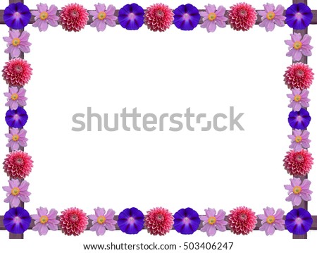 rustic wooden frame with autumnal flowers - dahlia, anemone and morning glory blossom. Frame for birthday or scrapbook