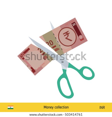 Price or cost reduction concept. Scissors cutting money bill. Indian rupee banknote.