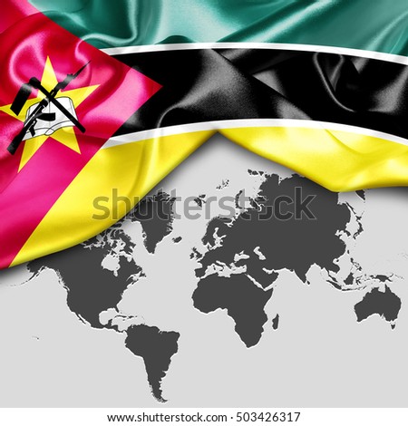 Abstract waving Mozambique flag over world map
