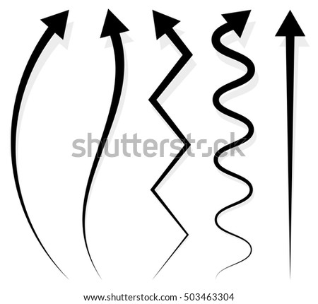 Set of 5 different long, vertical arrow elements with shadow