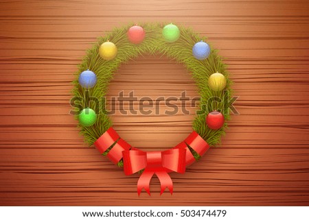 Traditional Green christmas wreath with red ribbon on wooden door. Christmas balls. Horizontal style. Vector Illustration Isolated on Background.