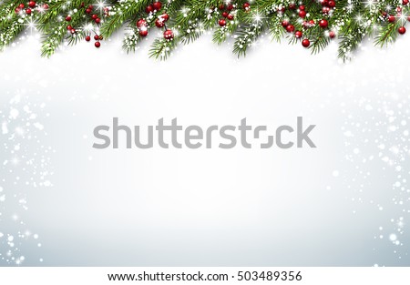 Christmas background with fir branches and holly berries. Vector illustration.