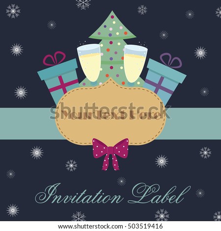 Vector New Year card template. New Year invitation label with presents, glasses of champagne,fir trees and snowflakes on a dark blue background
