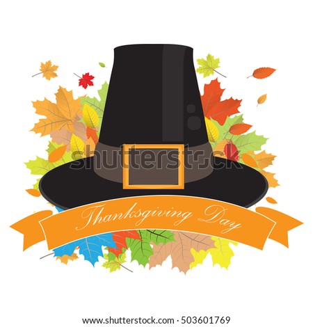 Isolated traditional hat and a group of leaves, Thanksgiving day vector illustration