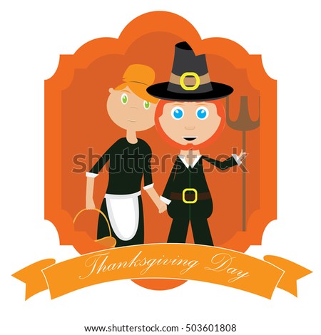 Isolated label with a traditional couple for thanksgiving day, Vector illustration