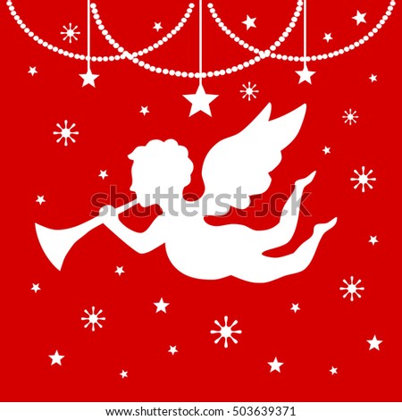 Silhouette of a Christmas angel with a pipe and stars in the background, Vector illustration