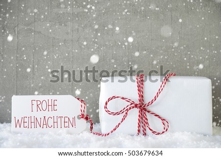 Gift, Cement Background With Snowflakes, Frohe Weihnachten Means Merry Christmas