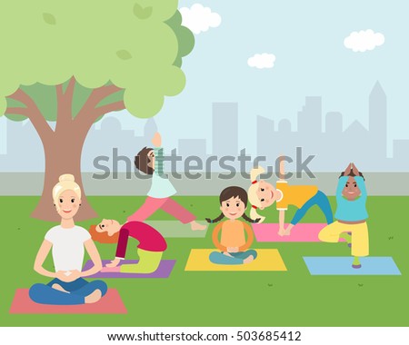 Illustration of Kids with instructor doing Yoga outdoors in green park. Kids Learning Yoga with trainer.
