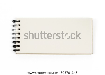 Top view photography of notepad paper textbook display on white background, take picture from above.