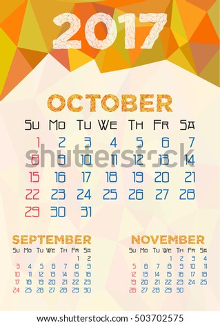 Abstract polygonal background with triangular ornament in violet and dates of autumn month October 2017. Week starts from Sunday. Vector illustration