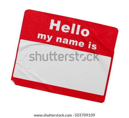 Used Wrinkled Hello Tag Isolated on White Background. Royalty-Free Stock Photo #503709109